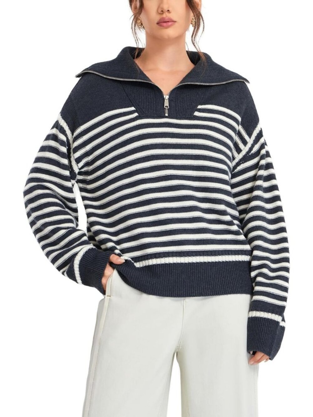Striped Collared Quarter Zip Sweater for Women - Cozy Knit Pullover Top